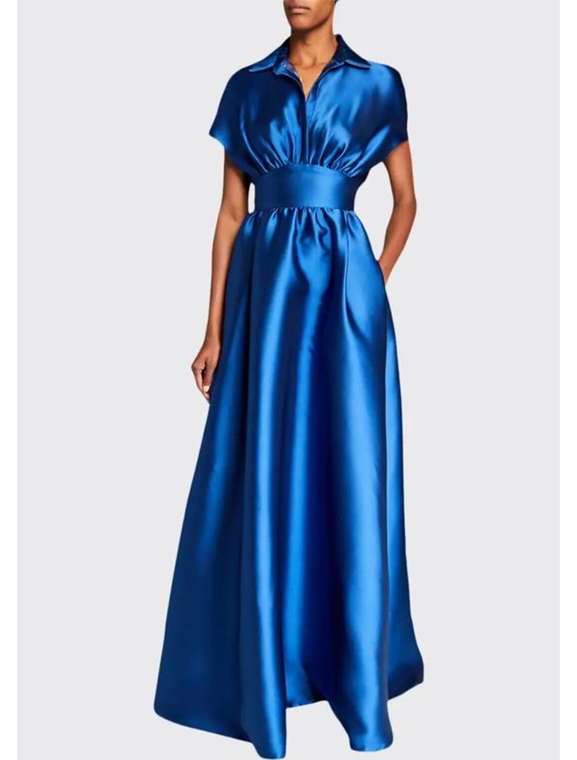 Luolandi A-Line Evening Gown Elegant Dress Formal Floor Length Short Sleeve Shirt Collar Satin